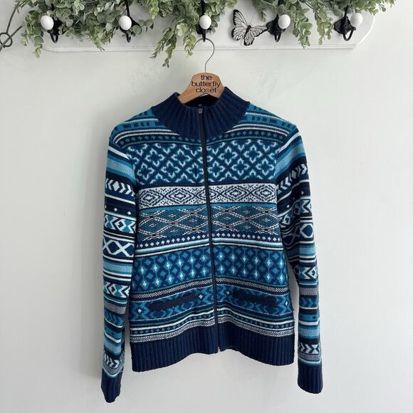 Title Nine Fair Isle Merino Mockneck Sweater Blue/White Size Medium W5003 - Picture 1 of 4